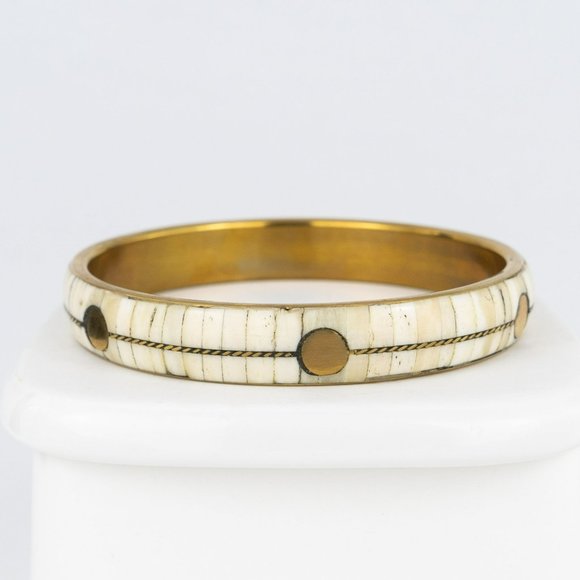 COPY - Brass Inlaid Bone Bangle Bracelet Panel Rectangle Off-White Circles Conv… - Picture 3 of 8